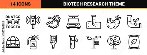 Biotechnology and Healthcare Science Minimalist Monoline Geometric Line Art for Laboratory Research and Agricultural Technology.