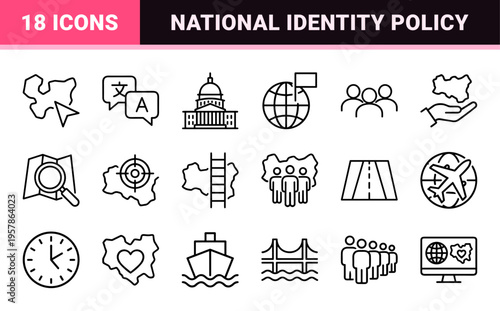 Global Migration and National Identity Thin Line Icons featuring Geography, Citizenship, and International Travel Minimalist Outline Symbols