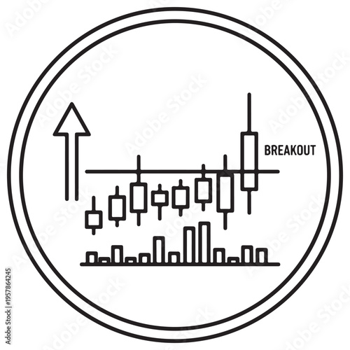 Minimalist black and white line art icon of a financial candlestick chart showing a bullish breakout pattern with an upward arrow and resistance line for stock market trading analysis.