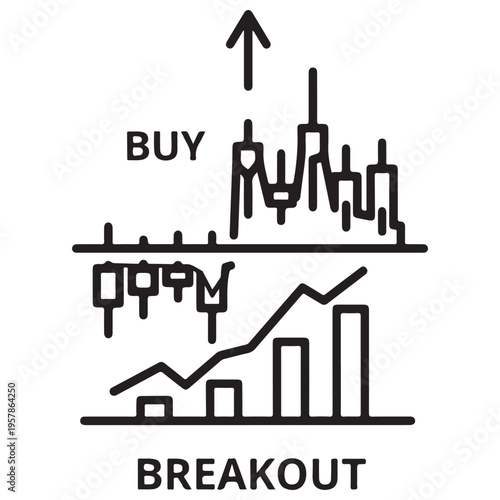 Minimalist black and white line art illustration of a financial stock market breakout chart featuring candlestick patterns, bar graphs, and an upward arrow indicating a buy signal.