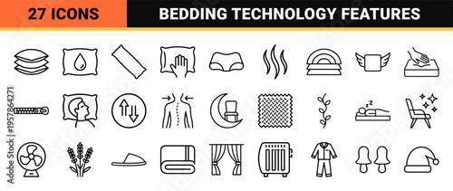 Bedding Technology and Sleep Wellness Linear Graphics featuring Orthopedic Pillow Features, Material Properties, and Comfort Anatomy Line Art