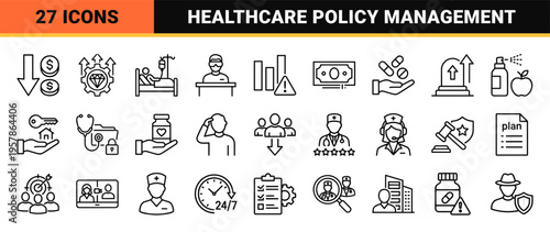 Medical Insurance and Healthcare Administration Minimalist Monoline Icon Set featuring Geometric Line Art for Commercial Finance and Policy