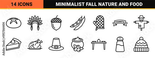 Thanksgiving Harvest Minimalist Monoline Outline Icons featuring Autumn Traditions, Dinner Elements, and Seasonal Foliage Geometric Line Art
