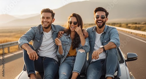 Three smiling adults outdoors with mountain background