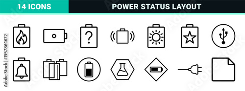 Technical Energy Interface Graphic Assets Featuring Minimalist Monoline Power Level Indicators and Geometric Battery Status Outlines
