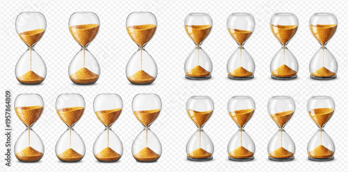 Set of hourglasses with falling sand in various stages, illustrating the passage of time.