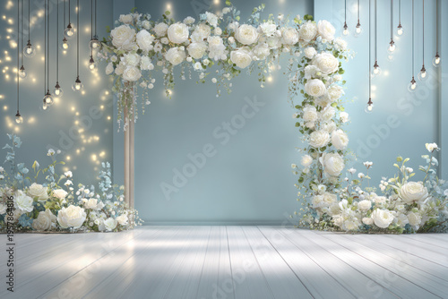 Wedding arch floral backdrop white rose peony greenery fairy light elegant ceremony venue dreamy romantic scene on blue wall