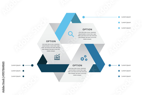 3 Step Modern Triangular Venn Diagram Infographic Chart with Interlocking Ribbon Elements, Hexagonal Options, Business Analytics Icons, and Connected Category Bullet Points for Professional Data