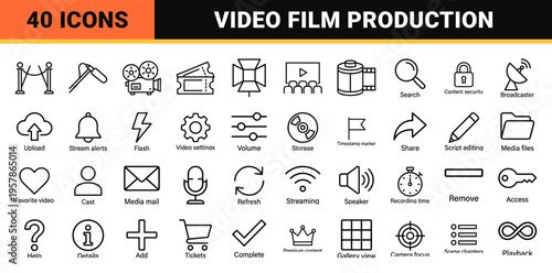 Cinema and Video Production Icon Set Featuring Minimalist Geometric Line Art for Digital Multimedia and Movie Theater Interface Design.