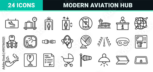 Commercial Airport and International Air Travel Logistics; Minimalist Monoline Outline Symbols for Flight Services and Passenger Navigation.