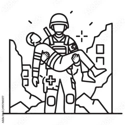 Military Medic Soldier Carrying Injured Civilian Through War Zone Ruins, Humanitarian Rescue Mission and Life Saving Action in Conflict Area, Minimalist Black and White Line Art Icon