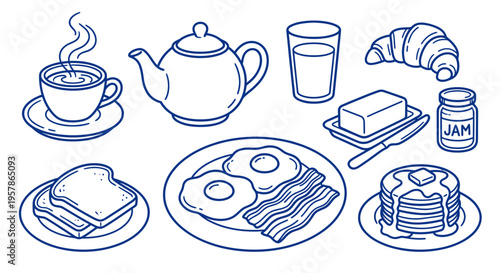 Professional collection of blue line art breakfast food icons featuring eggs, bacon, pancakes, toast, and hot beverages isolated on white background for culinary and morning menu concepts.