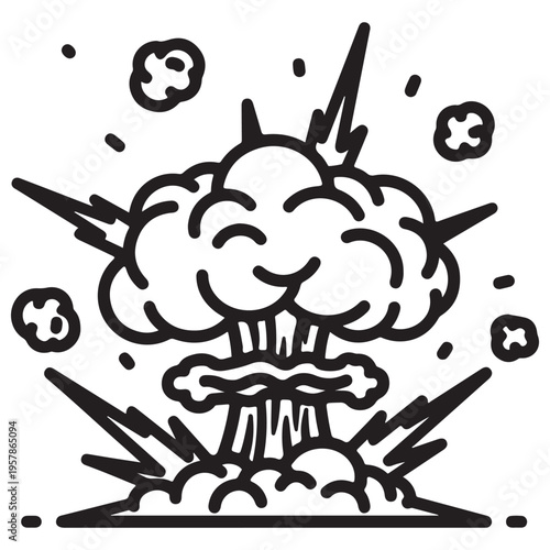 Stylized mushroom cloud explosion icon detonating with smoke clouds and blast lines, isolated on a white background for graphic design and tattoo inspiration, bold black and white line art.