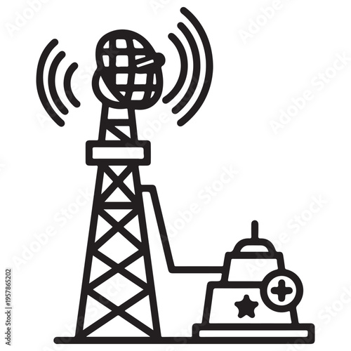 Minimalist Radar Tower Icon with Satellite Dish Transmitting Signals from a Base Station, Representing Military Surveillance, Telecommunications Infrastructure, and Emergency Communication.