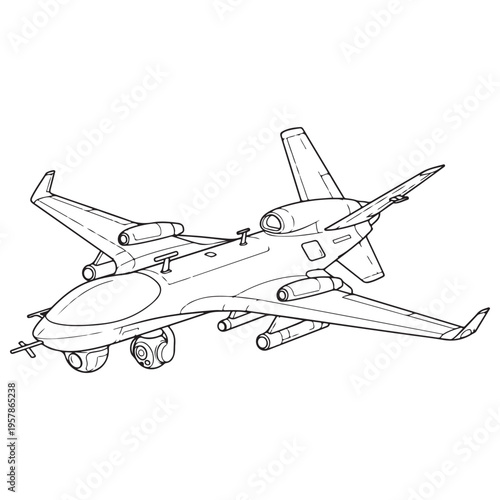 Military Unmanned Aerial Vehicle UAV Drone with Surveillance Cameras and Missiles Flying in Technical Perspective View, Hand-Drawn Black and White Line Art Illustration for Coloring Book