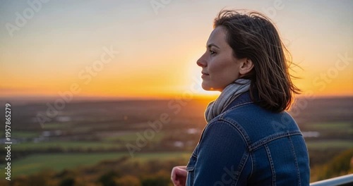 Woman appreciating sunset view over landscape