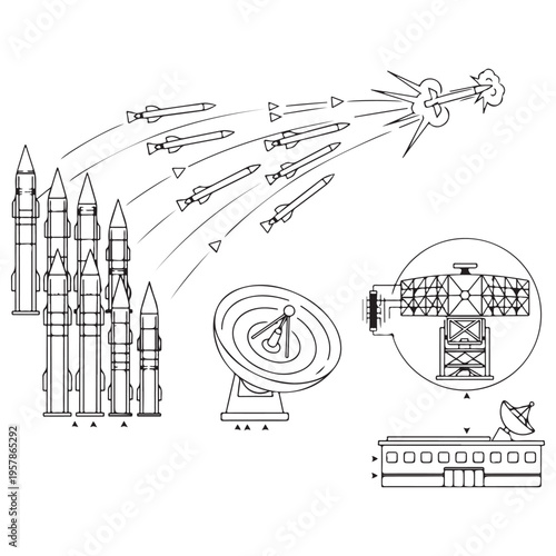 Military Missile Defense System and Radar Surveillance Network Illustrating Ballistic Missiles Launching and Intercepting Targets in a Technical Line Art Style for Strategic Defense Concepts.