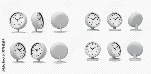 Set of realistic 3D alarm clocks with white faces and black hands, rendered in various angles on a transparent background.