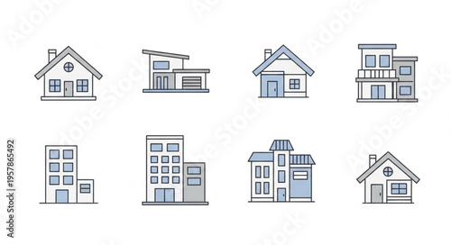 Variety of House and Building Icons - Architectural Styles and Designs.