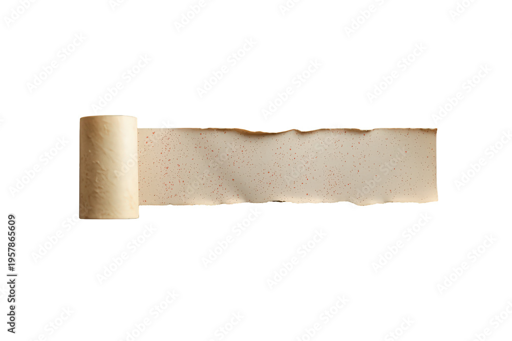 Obraz premium Vintage scroll of aged parchment paper unrolling with torn edges, presenting blank texture for message copy space