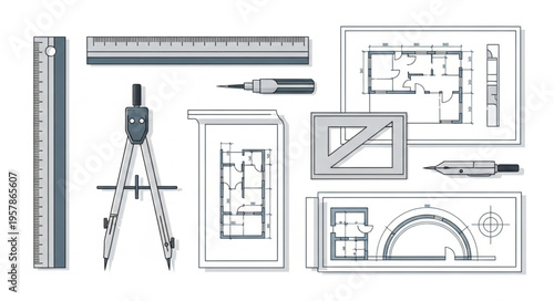 Architectural Drafting Tools and Blueprints for Design and Planning.