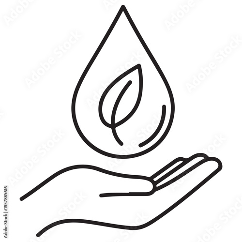 Minimalist Ecology Icon Featuring a Human Hand Supporting a Water Drop with a Leaf Inside Representing Environmental Protection Sustainability and Water Conservation in Clean Line Art Style