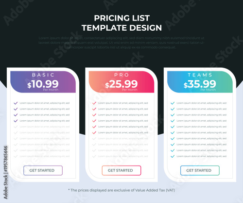 Modern Pricing Table Template for Business Website, Clean Subscription Plan Comparison Layout, UI Pricing Chart Design for Web and App