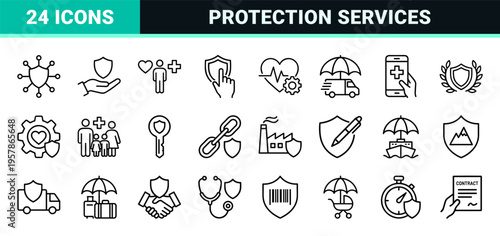 Minimalist Monoline Insurance and Risk Management Icons featuring Geometric Line Art for Commercial Finance and Healthcare Security.