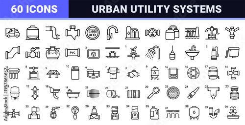 Water Infrastructure and Utility Systems Minimalist Monoline Geometric Line Art for Industrial Plumbing and Civil Engineering Design