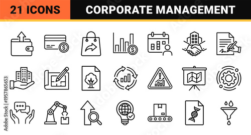 Enterprise Resource Planning Minimalist Monoline Icons for Corporate Management, Logistics, FinTech, and Data Analytics Software Systems.