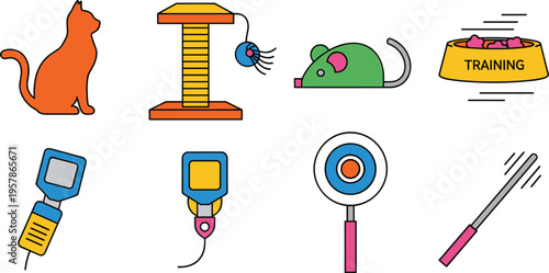 Pet Training and Cat Play Accessories Icon Set Featuring Toys, Scratch Post, Target, Mouse, Bowl, and Grooming Tools for Animal Care Design