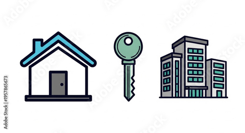 Real Estate Icons - House, Key, and Apartment Building Illustration.