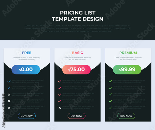 Modern Pricing Table Template for Business Website, Clean Subscription Plan Comparison Layout, UI Pricing Chart Design for Web and App