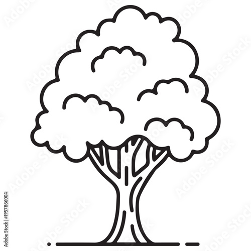 Minimalist tree line art illustration standing isolated on a white background, featuring a thick trunk and bushy canopy for nature-themed design, coloring pages, and eco-friendly graphic icons.