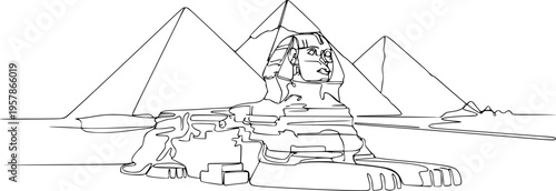 Continuous Line Drawing Great Sphinx and Pyramids of Giza Egypt Minimalist Vector Illustration