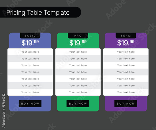 Modern Pricing Table Template for Business Website, Clean Subscription Plan Comparison Layout, UI Pricing Chart Design for Web and App
