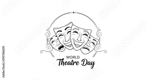 Vector illustration of comedy and tragedy masks with decorative swirls celebrating World Theatre Day on a white background with a theatrical performance concept.