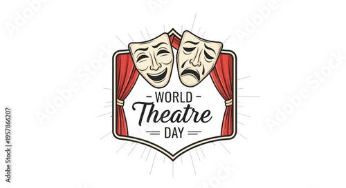 Vector illustration of comedy and tragedy masks on a World Theatre Day badge with red curtains and a white background.