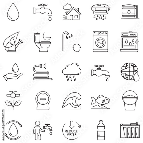 Comprehensive Water Conservation and Ecology Icon Set Featuring Hand-Drawn Doodle Illustrations of Faucets, Recycling, Household Appliances, and Environmental Protection Symbols on White.