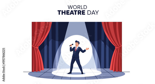 Illustration of a man performing on a stage with red curtains, celebrating World Theatre Day with a spotlight shining down, conveying a theatrical performance concept with a cultural and