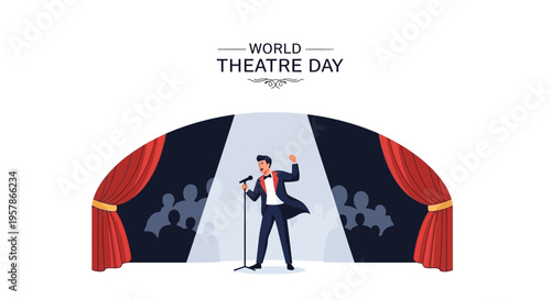 Illustration of a performer on stage with a microphone, celebrating World Theatre Day with a theatrical performance concept and stage lighting, against a clean white background with a dark