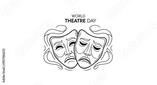 Vector illustration of comedy and tragedy masks on World Theatre Day, symbolizing performing arts celebration with theatrical performance concept.