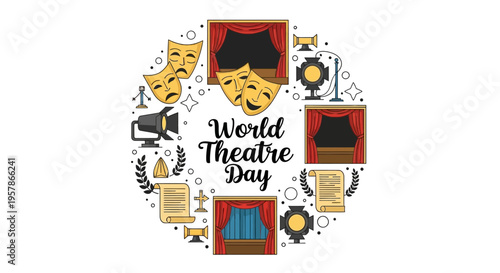 Vector illustration celebrating World Theatre Day with theater-themed icons and colorful graphics on a white background.