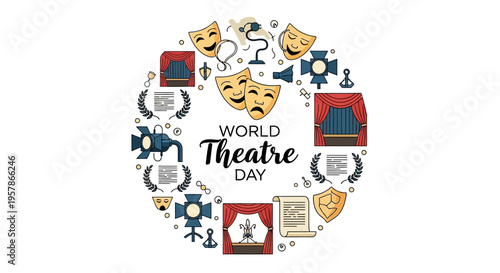 World Theatre Day illustration with vector graphics of theater masks, stage elements, and performance symbols on a white background, conveying a cultural celebration of performing arts.