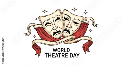 Illustration of comedy and tragedy masks with a red ribbon and stars on World Theatre Day against a clean white background.