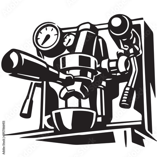 A vector illustration of a cup of coffee being brewed by a coffee maker, featuring a barista cafe concept with clean lines and a warm, inviting atmosphere.