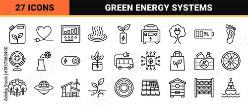 Solar Energy and Green Technology Line Art Icons featuring Sustainable Infrastructure and Renewable Power Systems in Minimalist Monoline Style