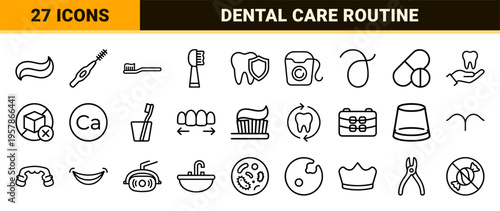 Dental Hygiene and Oral Care Minimalist Monoline Icon Set featuring Geometric Line Art for Dentistry and Tooth Brushing Maintenance.