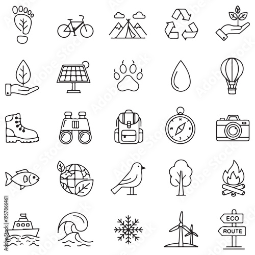 Comprehensive Ecology and Ecotourism Icon Set Featuring Sustainable Travel Symbols, Renewable Energy Graphics, and Outdoor Adventure Elements in a Minimalist Black Line Art Style.
