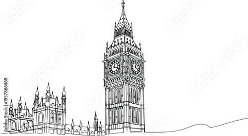 Continuous Line Drawing Big Ben and Westminster London Minimalist Hand Drawn Vector Illustration